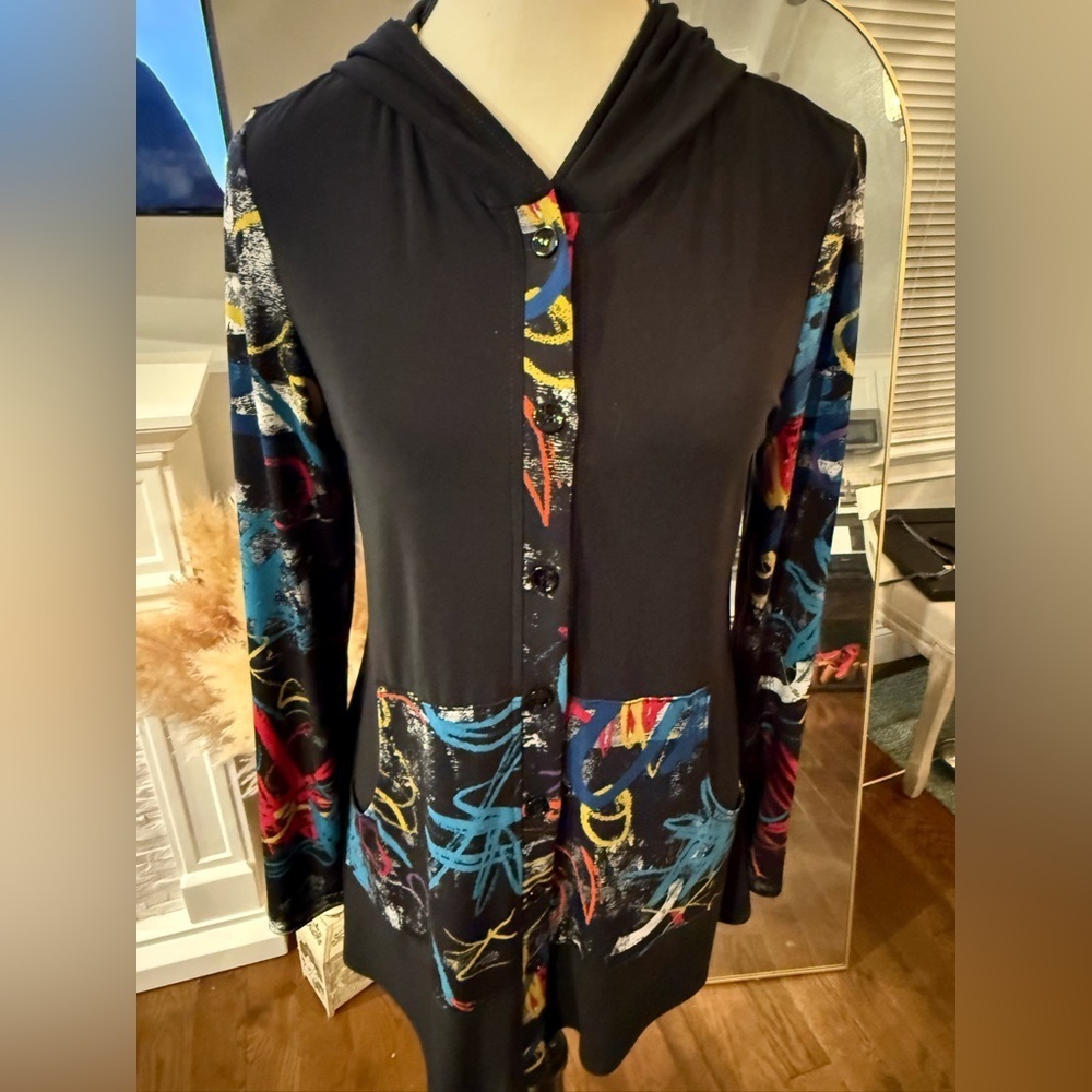 Joseph Ribkoff Black Multicolor Button Down Shirt. High retail value